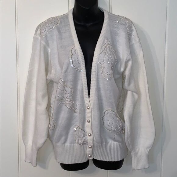 Vintage Sweaters - Vtg Oui Petites by Tan Jay cream beaded cardigan